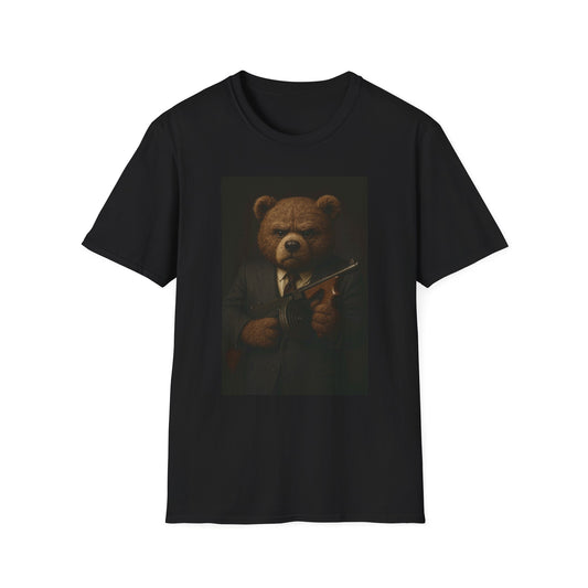 Boss Bear with Tommy Gun Unisex Softstyle T-Shirt: Disturbing Drip, Trendy Graphic Tee, Streetwear Style, Gift for Him, Unique Casual Wear